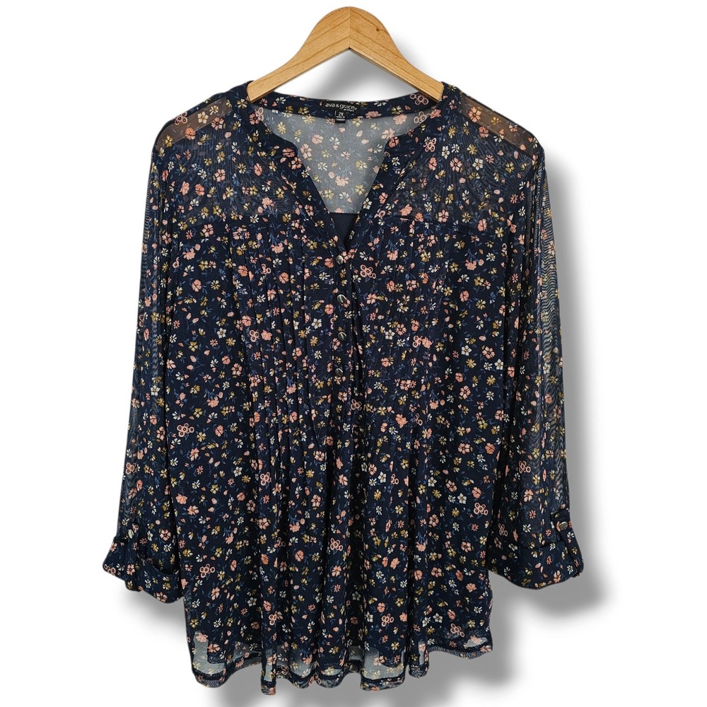 Ava & Grace Blouse 2X Womens Navy Floral Mesh Pleated Henley 3/4 Sleeve Top